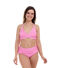Fototapeta premium Woman in pink swimsuit on white background