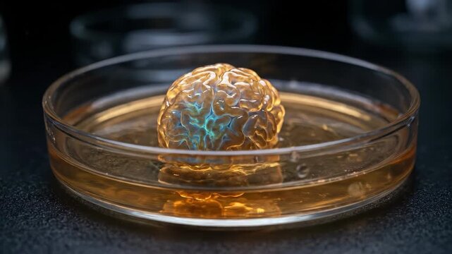 Brain Organoid Glowing in Laboratory Culture Dish, Neuroscience Research Biotech