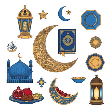 Vibrant collection of islamic and celestial decorative icons isolated on transparent background