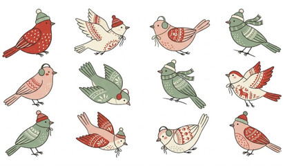 Cute patterned winter birds with Christmas accessories Scandinavian folk style vector illustration set © Mst RAFIYA