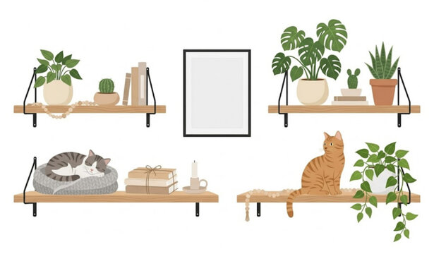 Cozy Scandinavian hygge home interior with plants and cats vector illustration with shelf decor and text frame