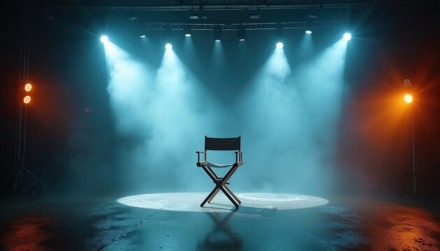 Director chair on stage under spotlights and smoke. Dark industrial studio space, film production scene. Empty seat awaits creative vision, cinematic mood.