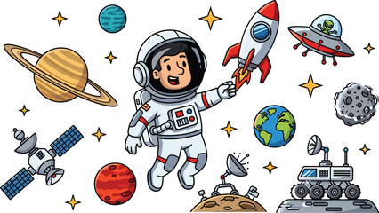 Cartoon astronaut kid holding rocket flying among planets and space objects © MstRumi