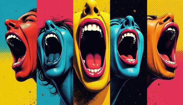 Five colorful faces scream loudly in a graphic collage style. People express strong emotion and make noise. Diverse group shouts for attention. Loud voices fill the air.
