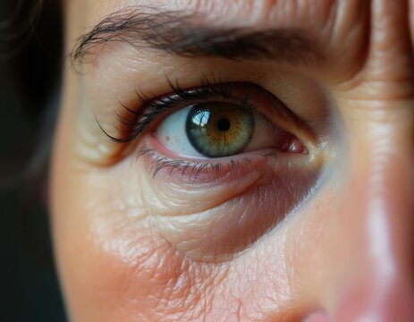 Close-up shot of mature womans eye area revealing skin texture and fine lines. Visible wrinkles and mild eyelid sagging show natural aging process.