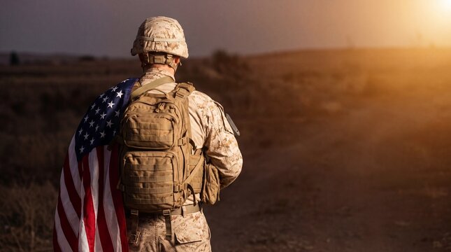 Soldier draped in American flag gazes at the horizon during sunset, representing pride and patriotism