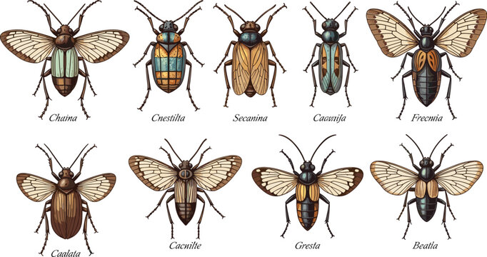 Illustrated beetles and flies collection with scientific names