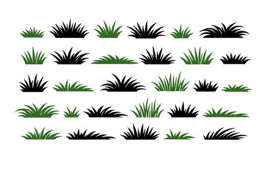 Set of Green and Black Grass Tufts Silhouettes for Landscape Design and CAD Drawing, Flat Vector Illustration of Various Grass Clumps, Bushes, and Vegetation Elements for Architectural Site Plans