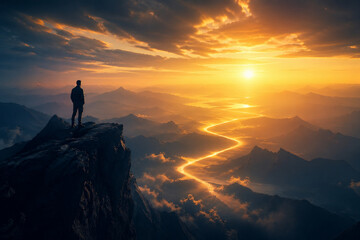 Obraz premium Visionary Leadership Concept with Lone Figure Overlooking Glowing Path to Future