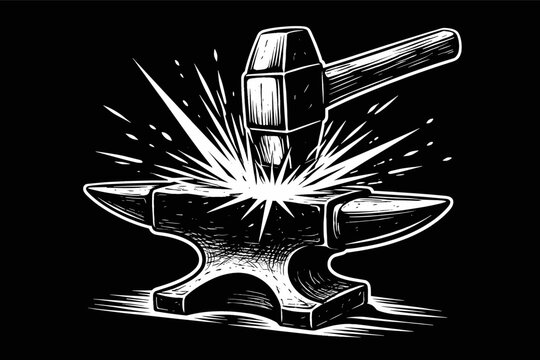 Vintage style black and white vector illustration of a heavy blacksmith hammer striking a metal anvil with bright sparks flying, woodcut graphic for metalworking, forging, and craftsmanship.