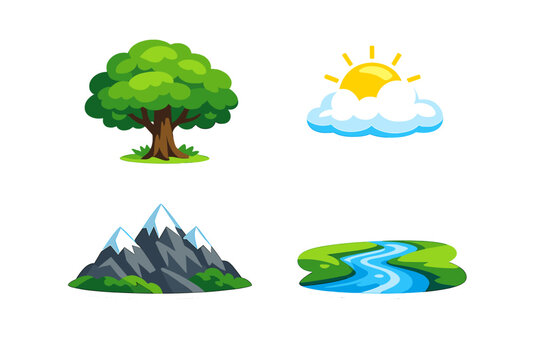 Set of four vibrant nature stickers featuring a lush green deciduous tree, a bright yellow sun peeking from behind white clouds, majestic snow-capped mountains, and a winding blue river landscape.