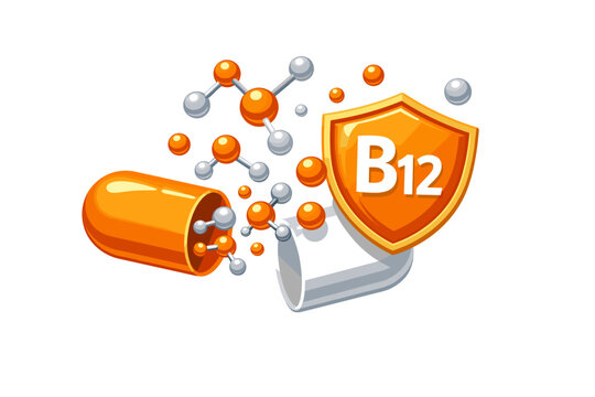 Vitamin B12 Cobalamin Supplement Concept with Open Capsule Releasing Molecules and Atoms Behind a Protective Golden Shield for Immune Support, Energy Boost, and Healthy Nutrition Illustration