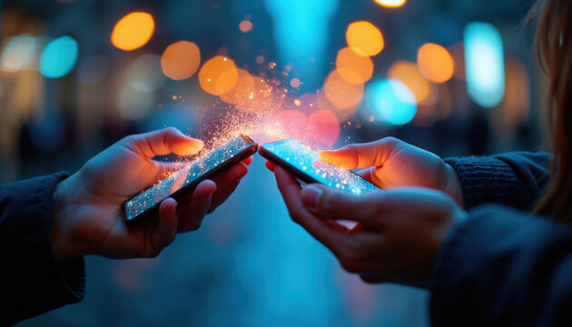 Two people exchange money digitally using smartphones. Mobile payment transfers funds instantly between devices in a blur of light and color, showing modern fintech.
