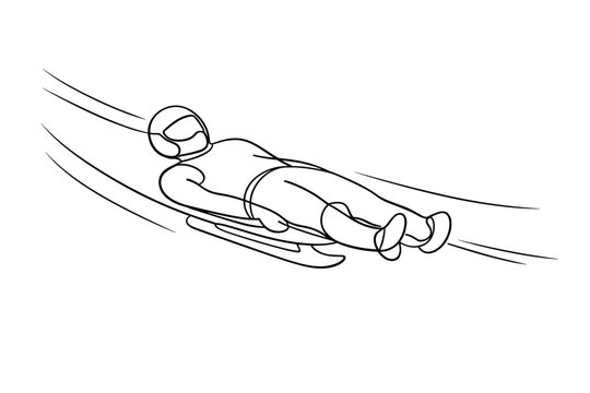 Minimalist continuous line drawing of a winter sports athlete speeding down an icy track on a luge sled, capturing the essence of motion and competition in a simple and elegant vector style.
