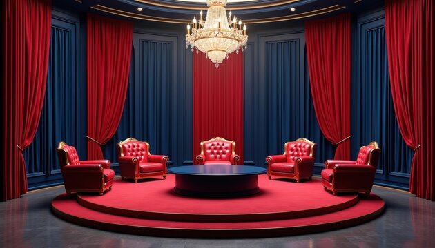 Luxury studio set with red chairs and blue walls. Round table for discussions. Chandelier lights opulent room. Dramatic background for interviews or presentations. Sophisticated setting for meetings.