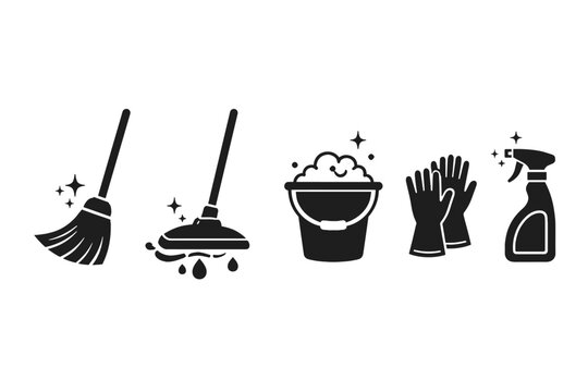 Monochrome Solid Housekeeping Utensil Icon Pack Showing a Sweeping Brush, Floor Mop, Foam-Topped Pail, Latex Gloves, and Trigger Spray Bottle &mdash; Sleek Flat Pictograms for Sanitation and Domestic