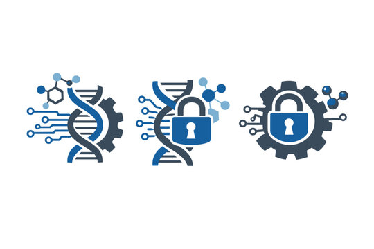 Scientific Hybrid Symbols Featuring DNA Strands with Circuit Lines, Molecular Structures, and Padlocks Representing Genetic Data Security, Biotechnology Innovation, and Synthetic Bioengineering
