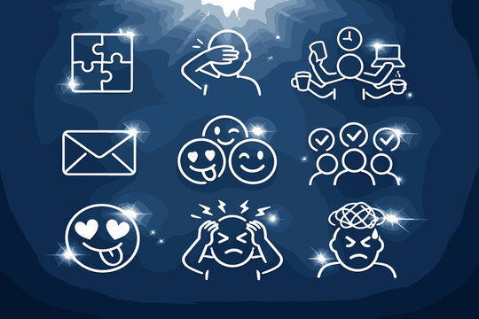 Set of White Line Icons on Blue Background with Light Glare Effects Featuring Puzzle, Multitasking, Stress, Headache, Teamwork, Message Envelope, and Various Emoji Faces for Web and App Interface