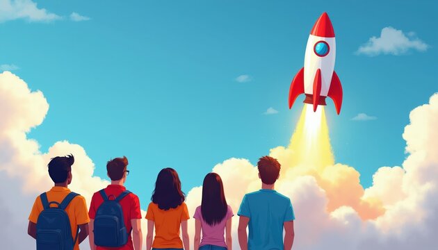 Diverse group of people watch rocket ascend into bright blue sky with clouds. Young team sees business launch, growth, and innovation concept illustration. Startup aims for success.