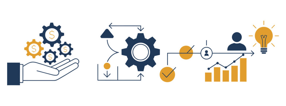 Business model icon set, flat vector illustration representing business strategy, workflow, value chain, and revenue system concepts, simple modern design for business and management visuals.

