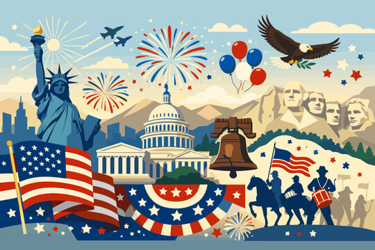 Patriotic USA 250th Independence Anniversary Banner Vector Illustration with Statue of Liberty, US Capitol, Mount Rushmore, Liberty Bell, American Flags, Fireworks, and Bald Eagle Symbols.