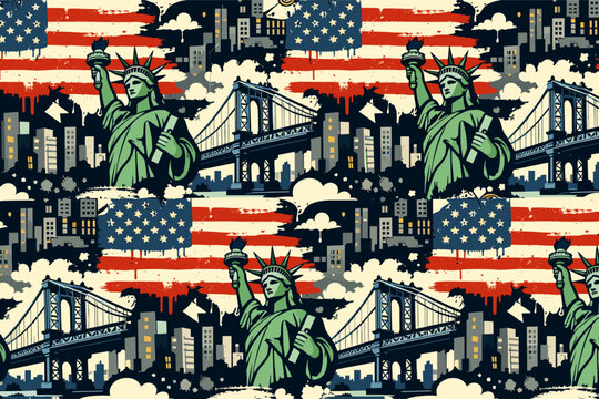 Vector Seamless Pattern of New York City Landmarks with Statue of Liberty, Manhattan Bridge, and American Flag in Urban Street Art Graffiti Style for Patriotic USA Travel Background and Textiles