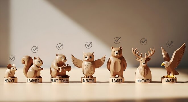 Line of seven carved wooden animal figurines with light and dark wood grain textures wood carving figurines textures collection wildlife handmade sculpture squirrel