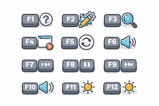 Computer Keyboard Function Keys F1 to F12 Vector Icon Set with System Control Symbols for Help, Settings, Search, Refresh, Volume, Media Playback, and Screen Brightness Hardware Shortcuts.
