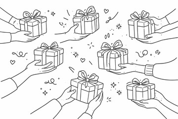 Naklejka premium Hand drawn line art illustration of several hands holding wrapped gift boxes with ribbons and bows, decorated with hearts and stars, ideal for Christmas, birthday, and celebration design themes.