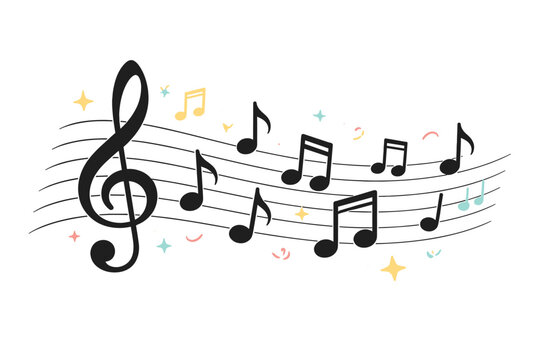 Whimsical Musical Notes and Treble Clef on a Wavy Staff with Colorful Stars and Sparkles. Simple Flat Vector Illustration of a Melody, Song Composition, or Sound Design for Creative Projects.