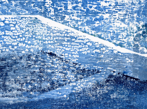 Blue monoprint abstract landscape with mountains and rolling hills, hand printed cyanotype-style artwork in indigo ink with mottled organic texture on paper, evocative of Japanese woodblock landscape