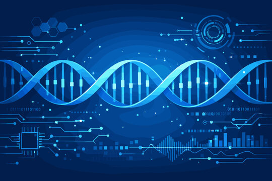 Futuristic Blue DNA Helix Molecule with Digital Technology Elements, Abstract Scientific Biotechnology Background for Genetic Research, Medical Data Analysis, and Bioengineering Vector Illustration