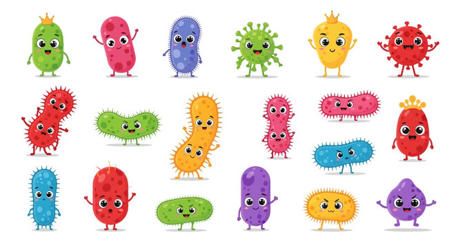Adorable collection of colorful cartoon bacteria and virus characters with cute faces, isolated white background.