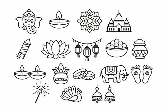 Set of 15 minimalist black line icons for Diwali festival and Indian culture featuring Lord Ganesha, diya oil lamps, temple, lotus flower, lanterns, sweets, elephant, peacock, and fireworks.