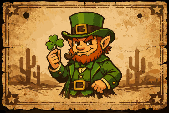St. Patrick's Day Leprechaun in a Vintage Western Wanted Poster Style Vector Illustration, Irish Holiday Character with Shamrock and Pipe in a Wild West Desert Background with Cacti and Stars