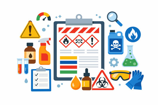 Safety Data Sheet SDS Concept with GHS Hazard Symbols, Chemical Bottles, Protective Gear, and Checklist in Flat Vector Illustration Style for Workplace Safety and Laboratory Compliance