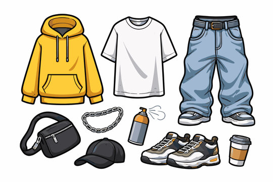 Streetwear fashion and urban style vector icon set featuring yellow hoodie, white oversized t-shirt, baggy blue jeans, chunky sneakers, black baseball cap, crossbody bag, chain, and spray paint can.