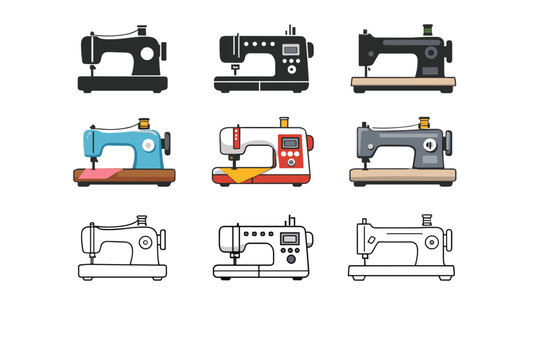 Set of Professional Sewing Machine Vector Icons Featuring Vintage and Modern Designs in Solid, Flat Color, and Line Art Styles, Ideal for Tailors, Fashion Studios, and Crafting Illustrations.