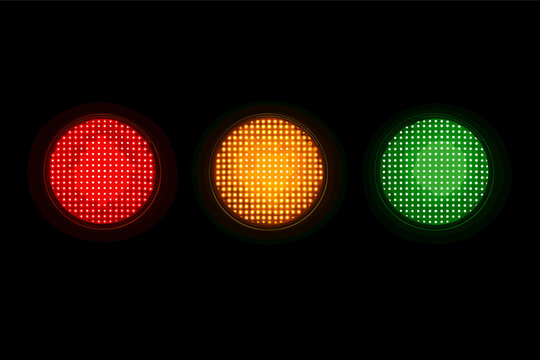 Realistic 3D vector traffic light set with glowing LED dots in red, yellow, and green signal lamps on black background for transportation, road safety, and urban traffic control design elements.