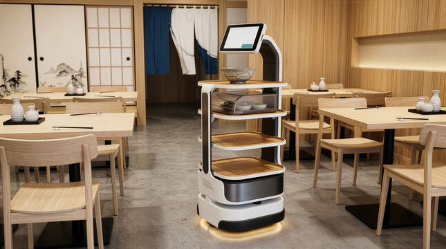 Autonomous robot waiter serving food in modern Japanese restaurant dining area with smart technology and wooden decor