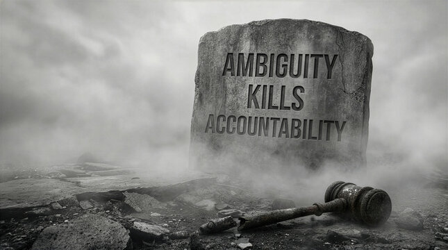 Ambiguity Kills Accountability text on tombstone with broken judge gavel in foggy graveyard, conceptual law ethics image
