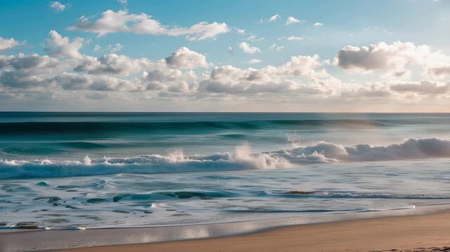 Ocean Wave Crashing on a Sandy Beach with White Foam and Clouds water