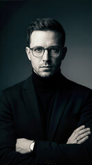 Fototapeta premium Serious Caucasian young man with glasses and black blazer with arms crossed in moody studio portrait