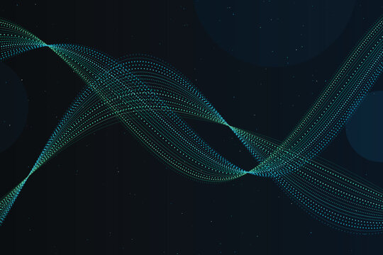 Intertwining blue and green dot waves against a starry dark blue background, abstract dots