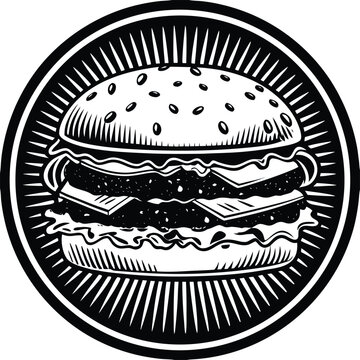 Vintage fast food, burger icon, black and white illustration, circular badge