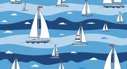 Seamless Pattern of Sailboats on Blue Waves, Nautical Summer Theme