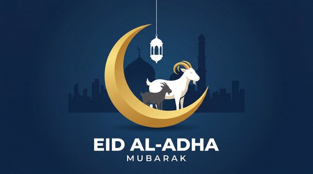 Two goats stand on a golden crescent moon with a lantern and cityscape silhouette, celebrating Eid al-Adha