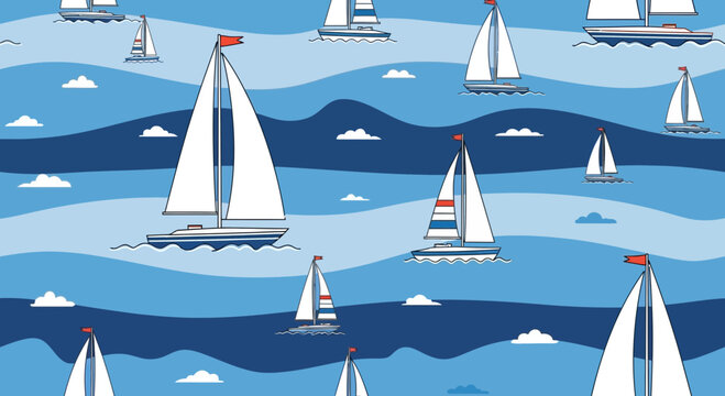 Seamless Pattern of Sailboats on Blue Waves, Nautical Summer Theme