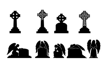 Obraz premium Celtic Cross and Angel Gravestone Silhouettes Collection Isolated on White Background; Cemetery Memorial Monuments, Tombstones, and Mourning Angel Statues for Funeral, Grief, and Religious Design