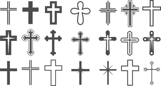 Detailed black and white flat vector illustration collection of various Christian cross icons featuring traditional decorative and minimalist crucifix symbols for religious design